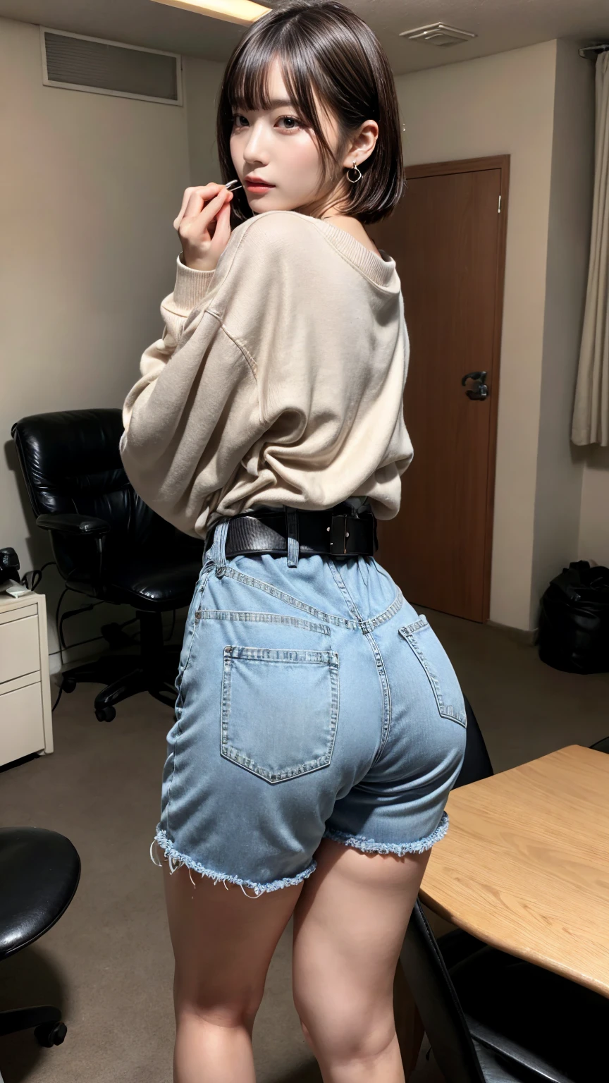 masterpiece, best quality, illustration, Super detailed, fine details, High resolution, 8K,wall paper, perfect dynamic composition, full body photo, back view, Put your hands on the chair and stick your butt out., (Details High quality, realistic depiction of eyes:1.3), 20 year old girl, Gravure Idol, cute type, large breasts, short bob hair, black hair color, Korean style makeup, Big Natural Color Lip, thick thighs, perfect body shape, plump figure,large hips, champion gray sweatshirt, denim short pants, Leather belt, necklace, earrings, messy room