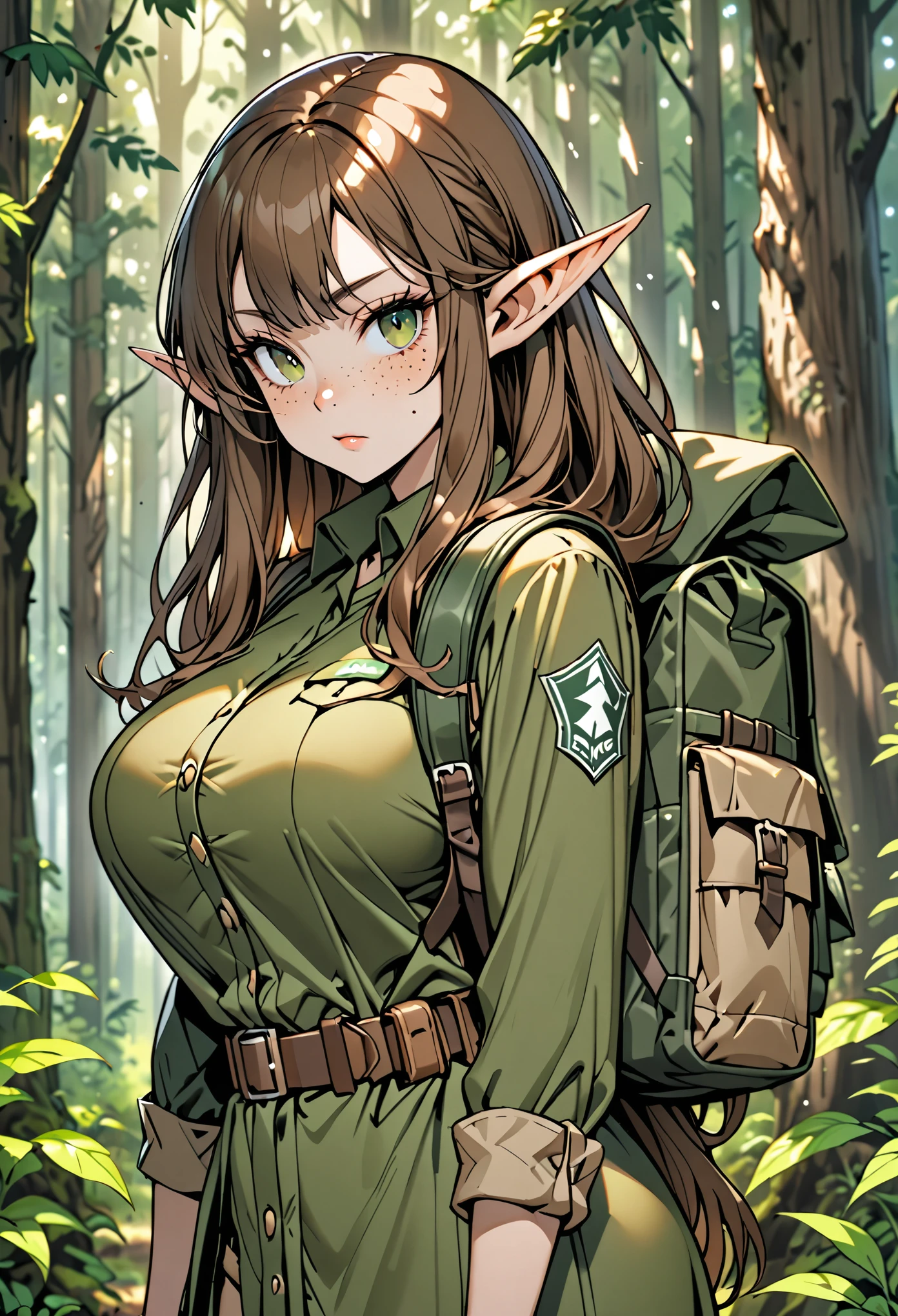 solo, female, elf, huge pointed ears, huge breasts, now and arrow, long hair, brown hair, dark green eyes, forest ranger, forest, rucksack, freckles,