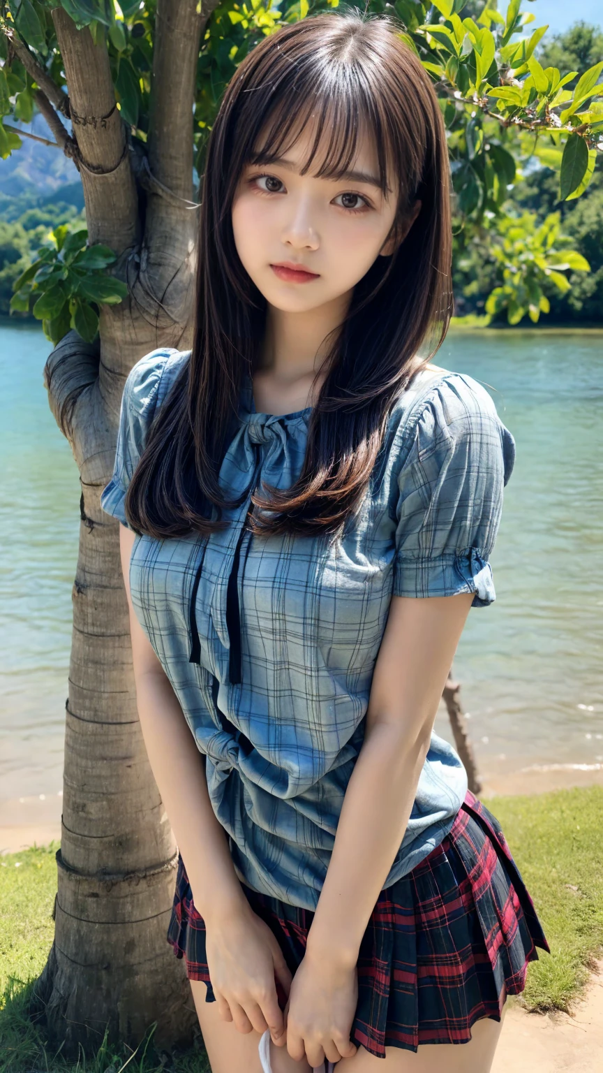 8k, Raw photo, highest quality, masterpiece:1.2), masterpiece, highest quality, figure, Very detailed, Fine details, High resolution, 8k,wallpaper, Perfect dynamic composition,(Detailed high quality, Realistic depiction of eyes:1.3)、A woman who has been  and has her hands tied、Arms wrapped around his back, hands tie behind bacｋ, Leaning against a large tree on the shore of a beautiful lake、 With legs wide open、Tartan plaid pleated skirt、whole body、White panties、The whole thing faces forward、２１talent、Beauty、Well-formed face、Make your eyes even、Large sagging eyes、Beautiful black hair、Has bangedium build、Well-balanced proportions、Beautiful legs、Blue Short Sleeve Blouse、Fresh face、Beautiful scenery、