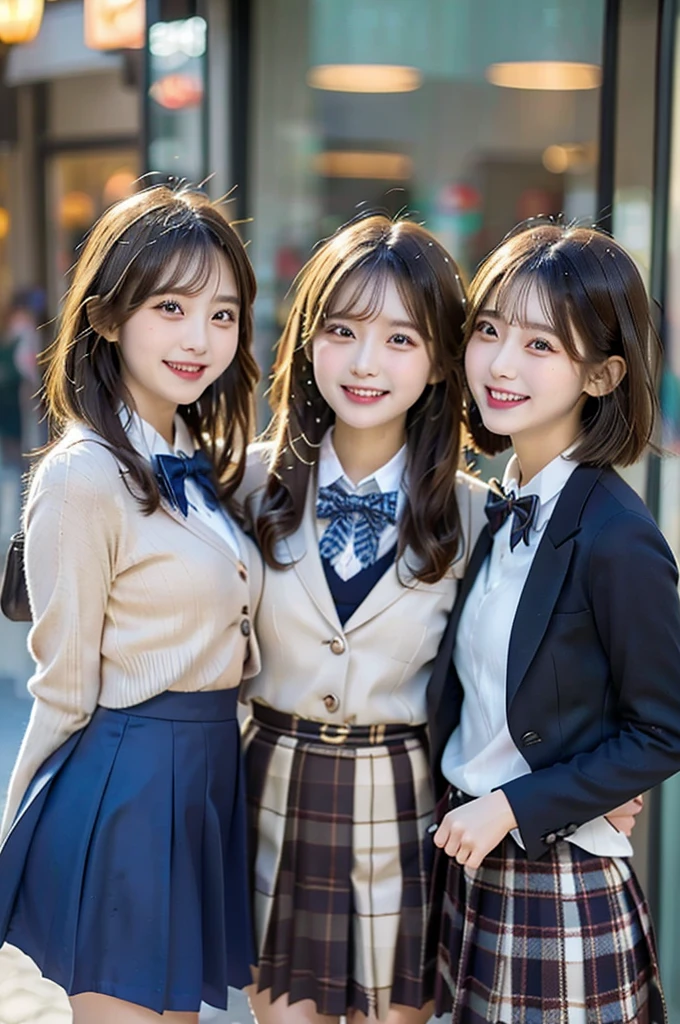 Three Beauties,3 girls, Checked Skirt, a bow tie, winter blazer uniform, smile, big laugh