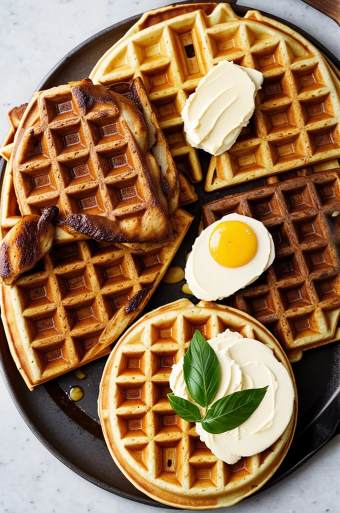 A logo mixing a waffle and a chicken