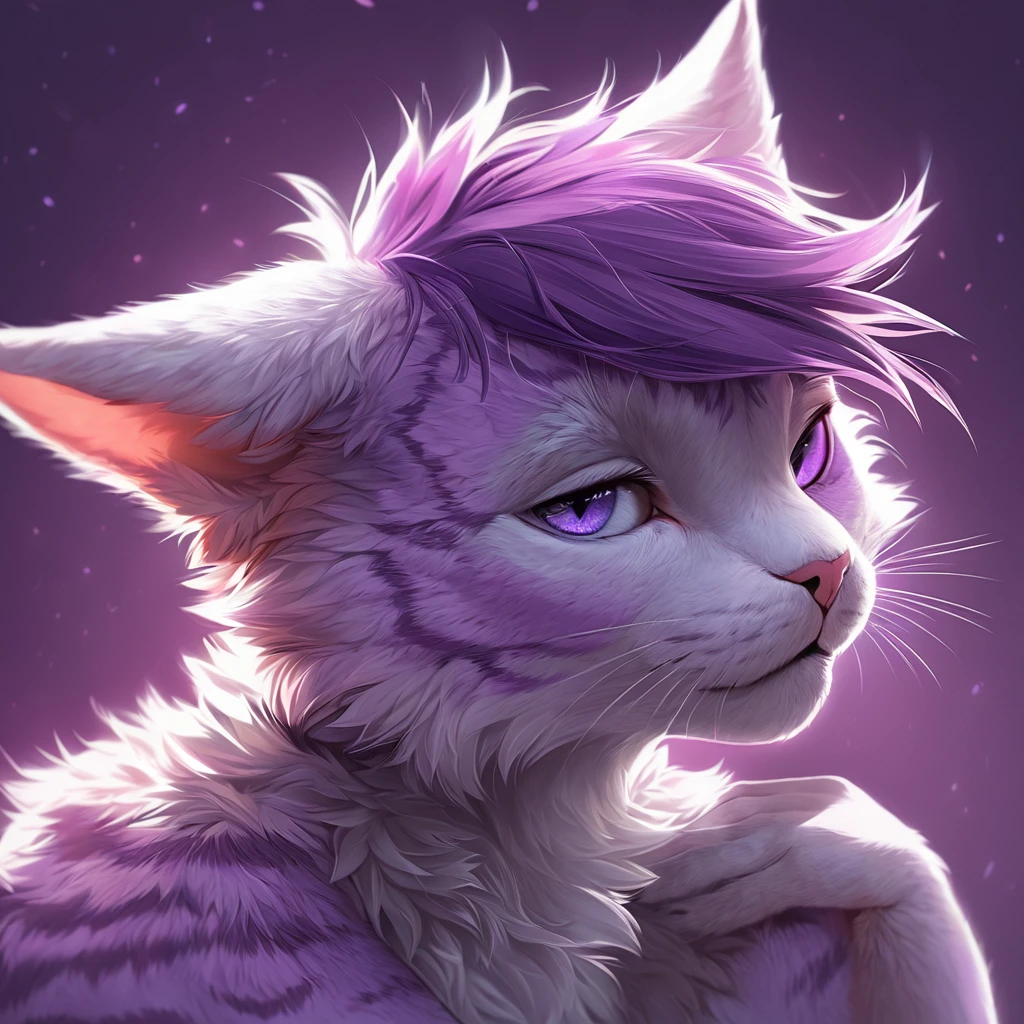 adult, feline, mammal, anthro, anthropomorphic, cat, striped, fur, striped_feline, fur, male, light_purple_fur, purple_hair, fluffy, white_chest, shy, small_pupils, digital_art, high_resolution, high_res, detailed, hand-drawn, pencil_lines, head_visible, background, neck_visible, seductive_face, detailed_line_work, profile_picture, head_visible, neptune_background, purple_background, cute, white, posing, finger_paws, dream_pose, headshot, head_only, small_pupils, seductive_face, tufts, paws, chest, cel-shading, glossy_fur, vibrant_colors, realistic_shading, soft_lighting, intricate_details, expressive_eyes, elegant_pose, artistic_rendering, high_quality