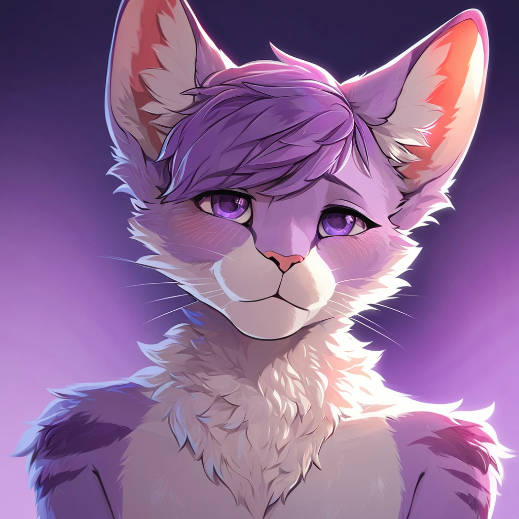 adult, feline, mammal, anthro, anthropomorphic, cat, striped, fur, striped_feline, fur, male, light_purple_fur, purple_hair, fluffy, white_chest, shy, small_pupils, digital_art, high_resolution, high_res, detailed, hand-drawn, pencil_lines, head_visible, background, neck_visible, seductive_face, detailed_line_work, profile_picture, head_visible, neptune_background, purple_background, cute, white, posing, finger_paws, dream_pose, headshot, head_only, small_pupils, seductive_face, tufts, paws, chest, cel-shading, glossy_fur, vibrant_colors, realistic_shading, soft_lighting, intricate_details, expressive_eyes, elegant_pose, artistic_rendering, high_quality