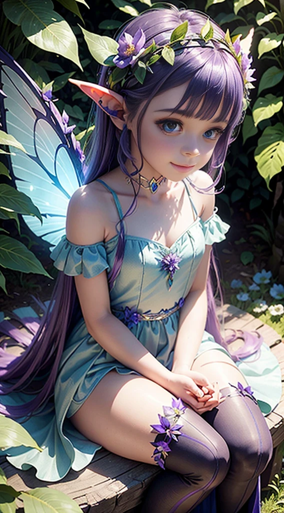 cute little fairy, big angel wings, blue and purple gradient long hair, pointed ears, flower crown, dress made of leaves, leaf dress, lots of flowers, leaves, sitting on a big leaf, leaves, big flower, flower crown, sunlight, sitting, sparkling, light, smiling gently