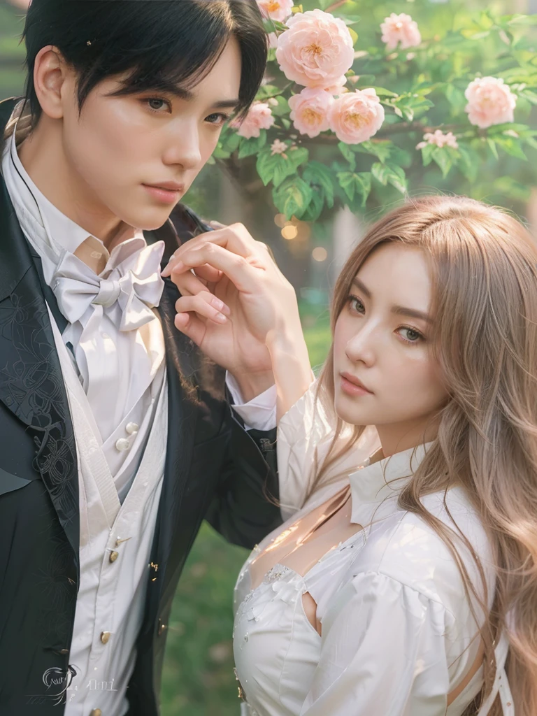 there is a man and a woman that are standing together, artwork in the style of guweiz, in the art style of bowater, by Ni Tian, by Yang J, romanticism art style, sakimichan and frank franzzeta, romance novel cover, guweiz, made with anime painter studio, delicate androgynous prince, manhwa