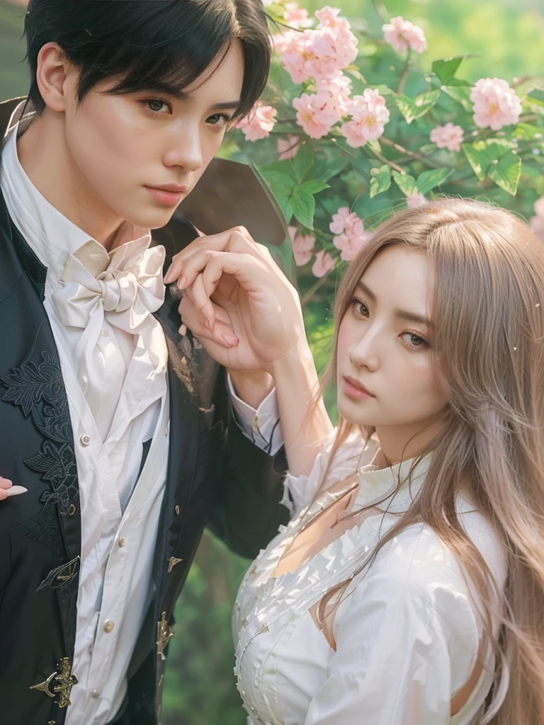 there is a man and a woman that are standing together, artwork in the style of guweiz, in the art style of bowater, by Ni Tian, by Yang J, romanticism art style, sakimichan and frank franzzeta, romance novel cover, guweiz, made with anime painter studio, delicate androgynous prince, manhwa