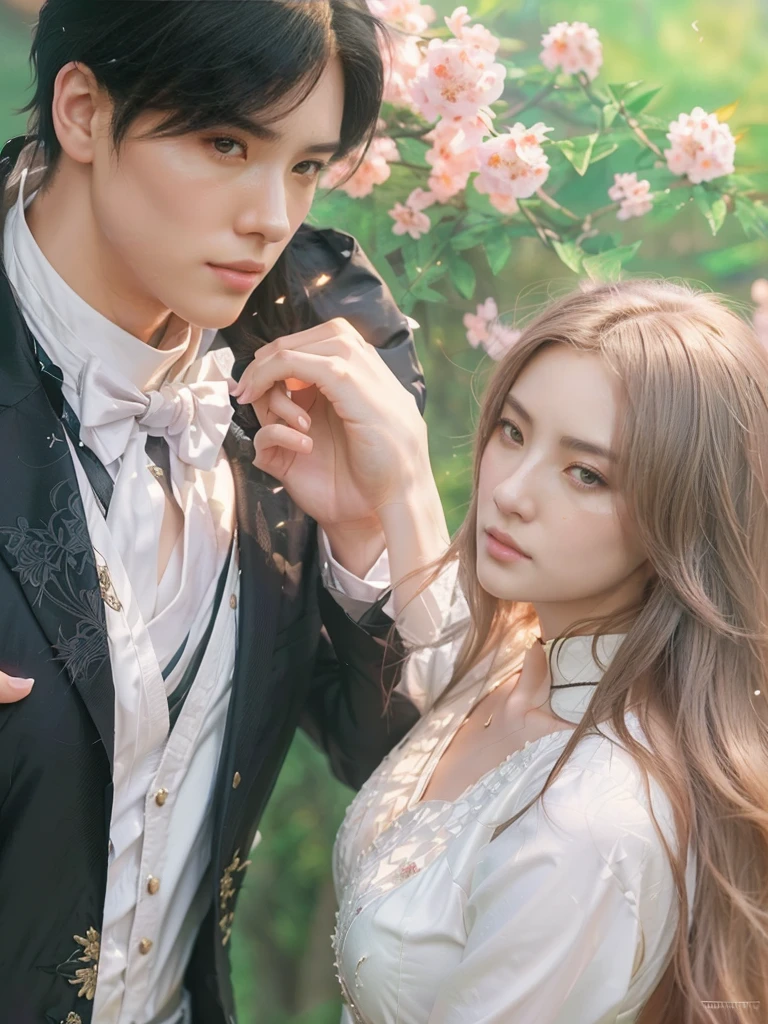 there is a man and a woman that are standing together, artwork in the style of guweiz, in the art style of bowater, by Ni Tian, by Yang J, romanticism art style, sakimichan and frank franzzeta, romance novel cover, guweiz, made with anime painter studio, delicate androgynous prince, manhwa