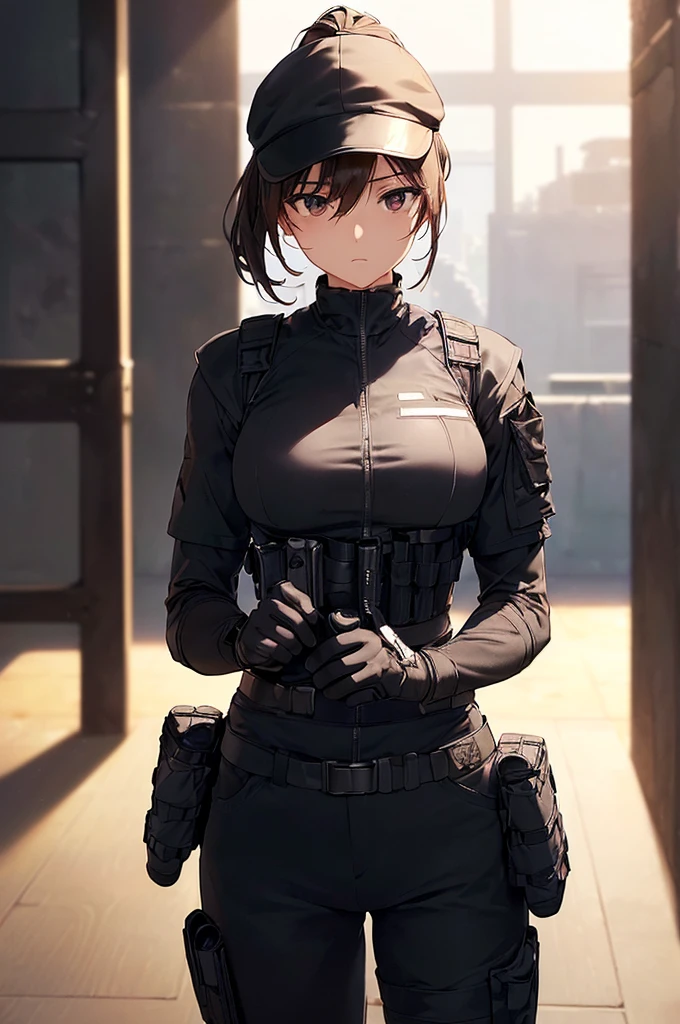 (((masterpiece; best quality: 1.2))), (finely detailed eyes: 1.3), (25 year old woman), (solo), (black eyes: 1.4), (body; toned, fit, soldier: 1.3), (silky brown hair + ponytail: 1.3), (beautiful and clear background: 1.2), ((depth of field)), (equipment: spec ops full black tactical combat-ready gear + kevlar vest + black tactical shirt + black tactical pants + black gloves + black baseball cap + pouches: 1.3), (anime illustration: 1.2), (background composition; military base office: 1.1), (extremely fine and beautiful: 1.1), (shot composition; standing + centered on torso + close-up: 1.5), (expression; calm, stoic: 1.2)