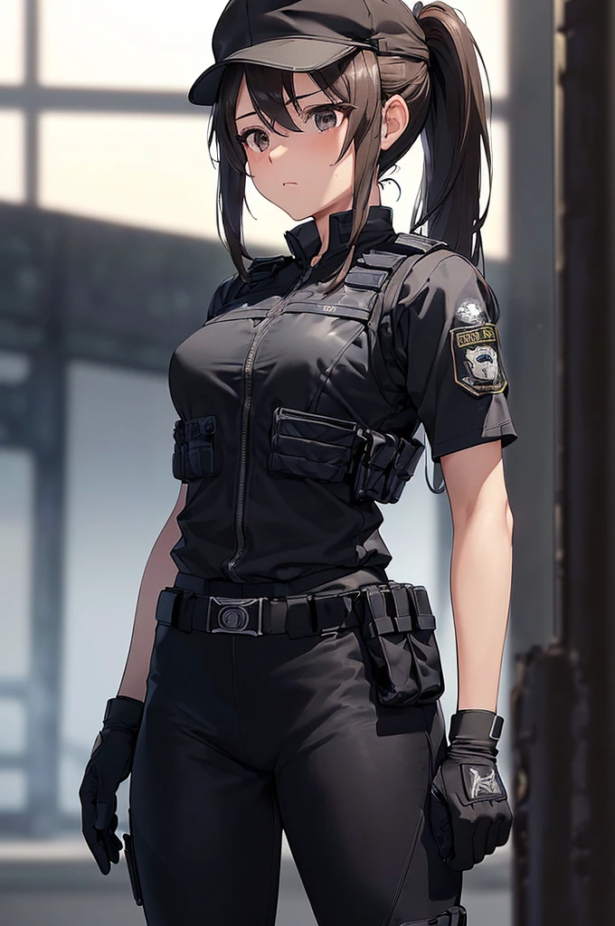 A brave police woman, wearing a black leather outfit tight to her body, with a shiny badge on her chest. His eyes show weariness, but also determination and perseverance. She is standing in the middle of a deserted and gloomy street, with tall buildings all around, creating an atmosphere of imminent danger. The dim lights of the city cast mysterious shadows, revealing only a few details: puddles of water on the street wet by recent rain, a flash of neon reflected in the windows, a danger sign flashing red. The setting conveys a sense of urgency as the police woman looks directly at the viewer, ready to face whatever challenge presents itself.