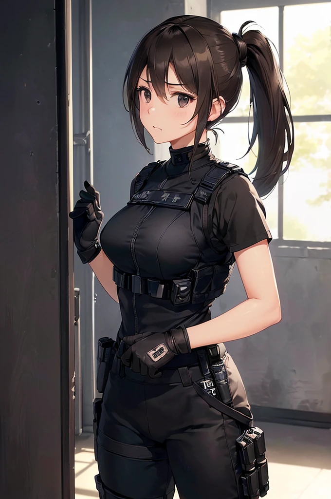 (((masterpiece; best quality: 1.2))), (finely detailed eyes: 1.3), (25 year old woman), (solo), (black eyes: 1.4), (body; toned, fit, soldier: 1.3), (silky brown hair + ponytail: 1.3), (beautiful and clear background: 1.2), ((depth of field)), (equipment: spec ops full black tactical combat-ready gear + kevlar vest + black tactical shirt + black tactical pants + black gloves + black baseball cap + pouches: 1.3), (anime illustration: 1.2), (background composition; military base office: 1.1), (extremely fine and beautiful: 1.1), (shot composition; standing + centered on torso + close-up: 1.5), (expression; calm, stoic: 1.2)