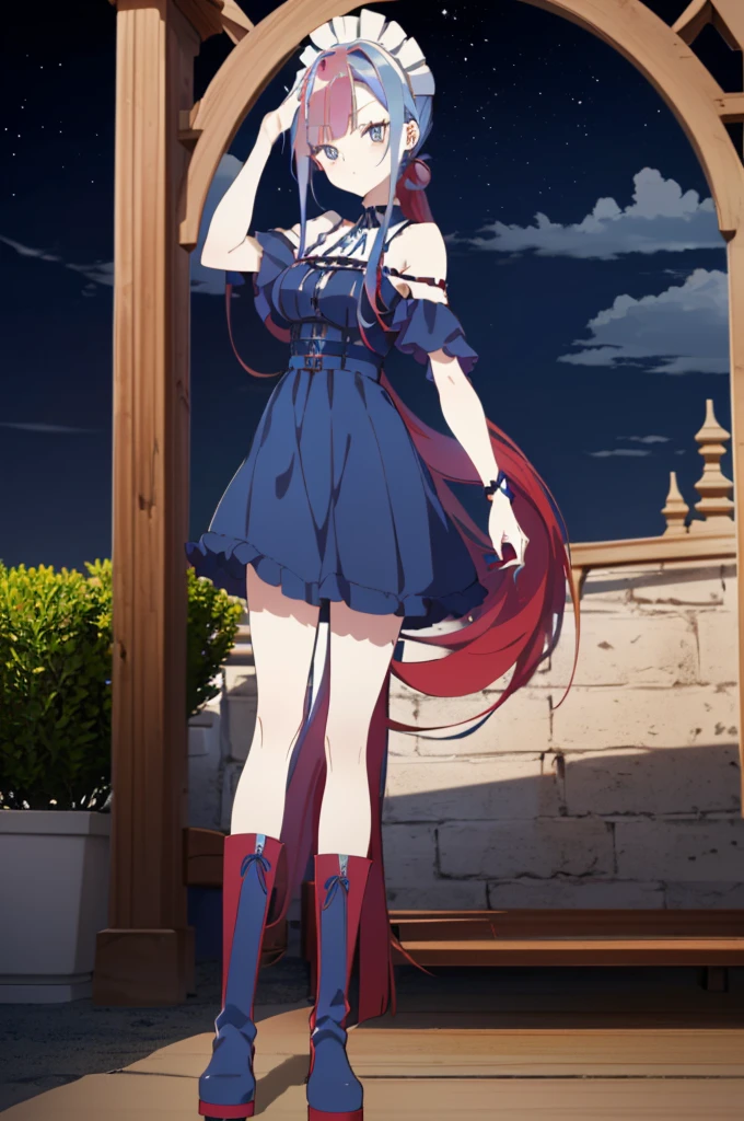 ((split-color hair,red hair,blue hair)),[(garden background:1.4)::5],original,(illustration:1.1),(best quality),(masterpiece:1.1),(extremely detailed CG unity 8k wallpaper:1.1), (colorful:0.9),(mid shot:0.95),(full body:1.5),Dynamic angle,(solo:1.2), (girl),((adult)), (detailed beautiful eyes:1.15), (beautiful face:1.15), (glowing red eyes:1.25////),((medium hair)),((split-color hair,red hair,blue hair)),(high twintails),(chignon),(+perfect hand+:1.21),(Draw an illustration of a gothic girl),(Religious),(slender),(is wearing boots on her feet),((is wearing white maid clothes)),(furious), Lace Off-shoulder ta fashion,beautiful slender woman,high twintails,((split-color hair,red hair,blue hair)),((split-color hair,red hair,blue hair)),from side,((split-color hair,red hair,blue hair)),((split-color hair,red hair,blue hair)),((black long boots)),