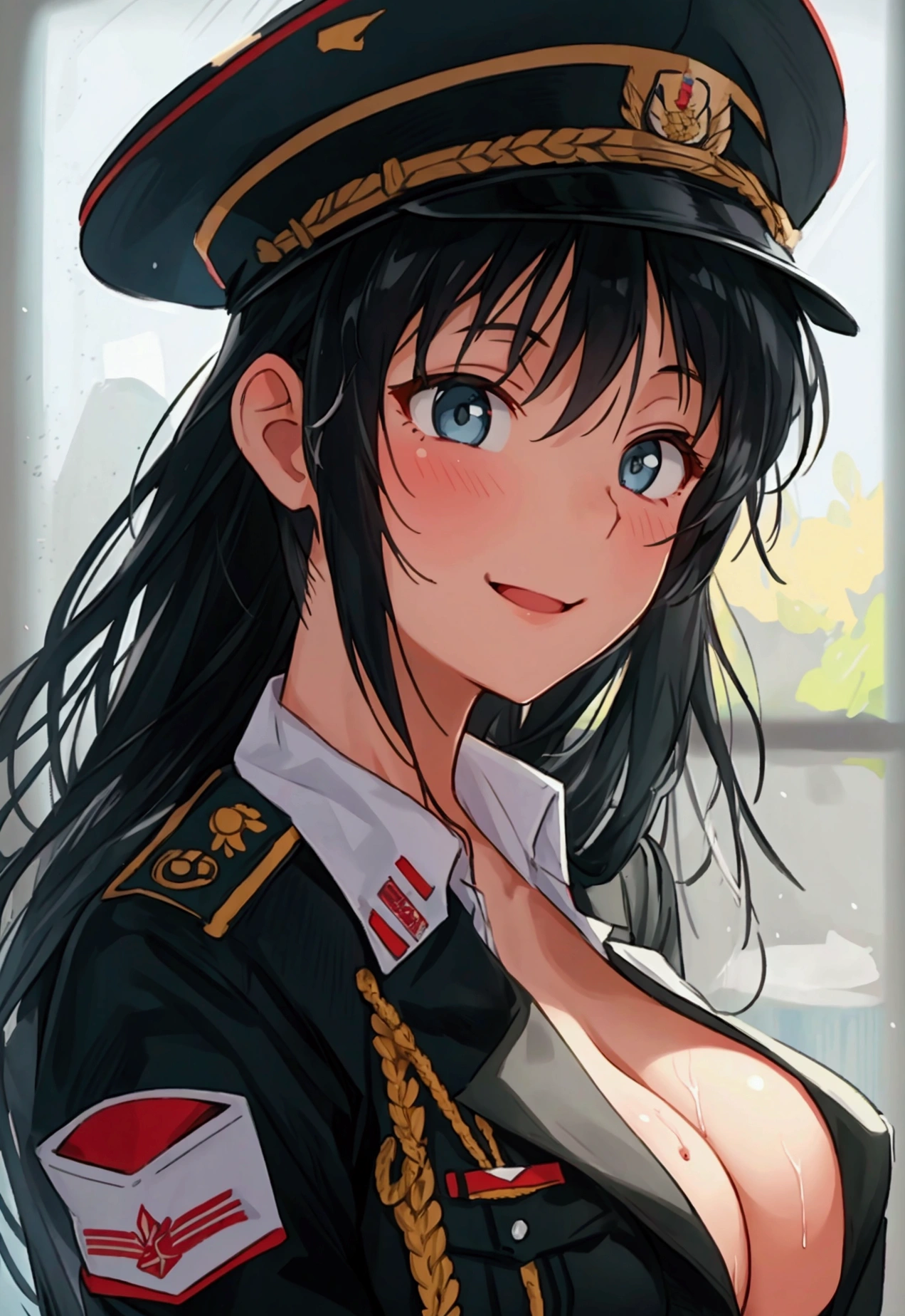 A girl, military girl, long hair, black hair, topless, gentle, good figure, uniform, hat, tear open clothes to expose breasts, , smile,jjmx, seductive eyes