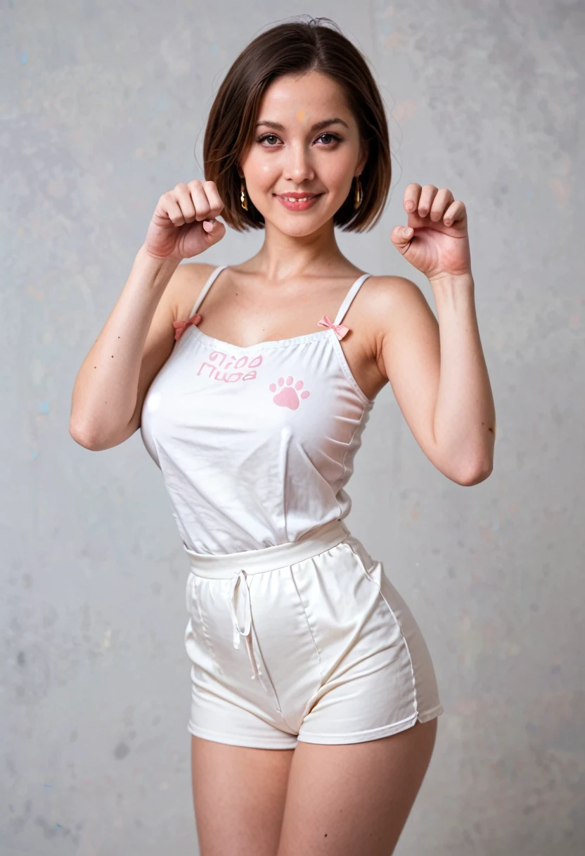 score_9,score_8_up,score_7_up,score_9,score_8_up,score_7_up,masterpiece,source_photo, 8k, RAW photo, best quality, masterpiece, realistic, detailed face, detailed skin, solo, 1girl, beautiful Japanese girl, short bob hair, forehead, brown hair, earring, smile, (????????????????), cleavage, (pink cat lingerie, pink cat tail, pink cat ear, pink cat gloves, pink collar, bell, pink zettai ryouiki thighhighs, frilled), ???????? Wedgie, front view, ????? ???????, unshaven hairy pubic hair, unshaven armpit hair, (short stack), (skinny, narrow waist, slim legs, small hip), milf, indoor, standing, (paw pose), simple gray background, cowboy shot