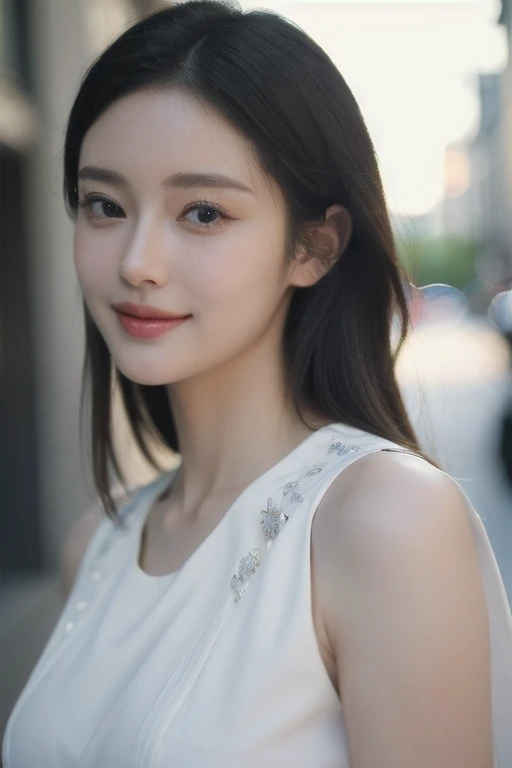 ((Top quality, masterpiece, very detailed: 1.5)), one beautiful woman, (upper body portrait), (beautiful and flawless face: 1.5), contrast of light and shadow, flawless face, white dress, walking in the city, smiling, cinematic light