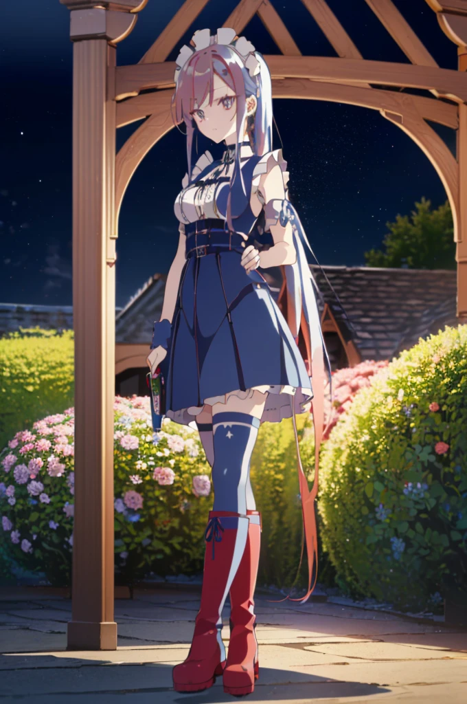 ((split-color hair,red hair,blue hair)),[(garden background:1.4)::5],original,(illustration:1.1),(best quality),(masterpiece:1.1),(extremely detailed CG unity 8k wallpaper:1.1), (colorful:0.9),(mid shot:0.95),(full body:1.5),Dynamic angle,(solo:1.2), (girl),((adult)), (detailed beautiful eyes:1.15), (beautiful face:1.15), (glowing red eyes:1.25////),((medium hair)),((split-color hair,red hair,blue hair)),(high twintails),(chignon),(+perfect hand+:1.21),(Draw an illustration of a gothic girl),(Religious),(slender),(is wearing boots on her feet),((is wearing white maid clothes)),(furious), Lace Off-shoulder lolita fashion,beautiful slender woman,high twintails,((split-color hair,red hair,blue hair)),((split-color hair,red hair,blue hair)),from side,((split-color hair,red hair,blue hair)),((split-color hair,red hair,blue hair)),((black long boots)),
