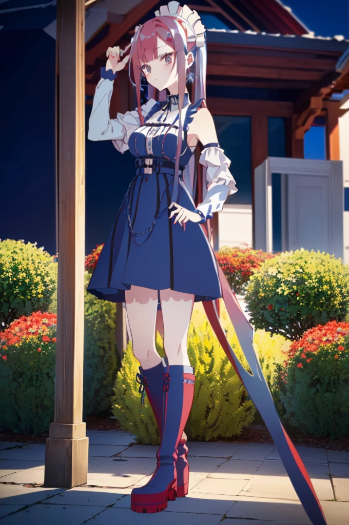 ((split-color hair,red hair,blue hair)),[(garden background:1.4)::5],original,(illustration:1.1),(best quality),(masterpiece:1.1),(extremely detailed CG unity 8k wallpaper:1.1), (colorful:0.9),(mid shot:0.95),(full body:1.5),Dynamic angle,(solo:1.2), (girl),((adult)), (detailed beautiful eyes:1.15), (beautiful face:1.15), (glowing red eyes:1.25////),((medium hair)),((split-color hair,red hair,blue hair)),(high twintails),(chignon),(+perfect hand+:1.21),(Draw an illustration of a gothic girl),(Religious),(slender),(is wearing boots on her feet),((is wearing white maid clothes)),(furious), Lace Off-shoulder lolita fashion,beautiful slender woman,high twintails,((split-color hair,red hair,blue hair)),((split-color hair,red hair,blue hair)),from side,((split-color hair,red hair,blue hair)),((split-color hair,red hair,blue hair)),((black long boots)),