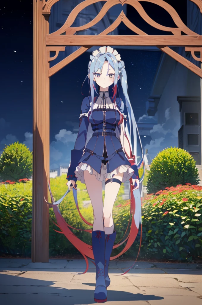 ((split-color hair,red hair,blue hair)),[(garden background:1.4)::5],original,(illustration:1.1),(best quality),(masterpiece:1.1),(extremely detailed CG unity 8k wallpaper:1.1), (colorful:0.9),(mid shot:0.95),(full body:1.5),Dynamic angle,(solo:1.2), (girl),((adult)), (detailed beautiful eyes:1.15), (beautiful face:1.15), (glowing red eyes:1.25////),((medium hair)),((split-color hair,red hair,blue hair)),(high twintails),(chignon),(+perfect hand+:1.21),(Draw an illustration of a gothic girl),(Religious),(slender),(is wearing boots on her feet),((is wearing white maid clothes)),(furious), Lace Off-shoulder lolita fashion,beautiful slender woman,high twintails,((split-color hair,red hair,blue hair)),((split-color hair,red hair,blue hair)),from side,((split-color hair,red hair,blue hair)),((split-color hair,red hair,blue hair)),((black long boots)),