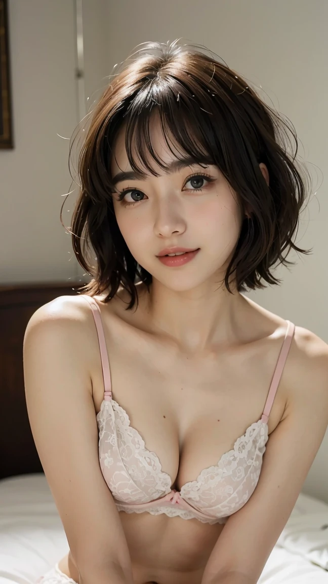 (masterpiece:1.2, Highest quality), (Realistic, photoRealistic:1.4), Realistic photos, (Natural Side Lighting, Cinema Lighting), Written boundary depth, View your viewers, (Face Focus, Upper Body), Front view, 1 Girl, Japanese, high school girl, 17 years old, Perfect Face, Cute symmetrical face,Cute smile, Glowing Skin, (Bob Hair:1.7), Asymmetrical bangs, Big eyes, Droopy eyes, long eyelashes chest), thin, Beautiful Hair, Beautiful Face, Beautiful beautiful eyes, Beautiful clavicle, Beautiful body, Beautiful breasts, Beautiful thighs, Beautiful legs, Beautiful fingers,Beautiful ass, (Beautiful views), (Bedroom), (smile, Advanced, Open your mouth),Pink underwear、Show off your lace panties、Sit on the bed