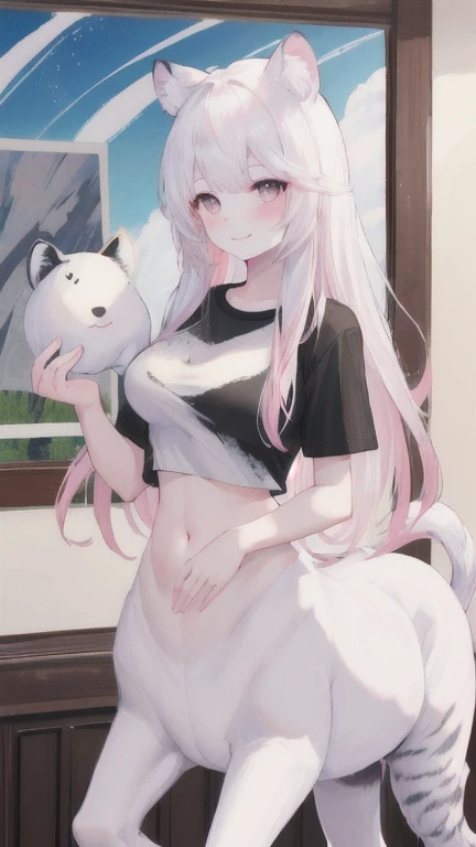 (best quality, masterpiece), 1 girl, centaur, It takes, White skin, Korean ,daughter,black pink,Smiling, exposing the abdomen, belly button t-shirt , 아름다운 소녀 Perfect wild white tiger photo, Perfect wild white tiger photo
