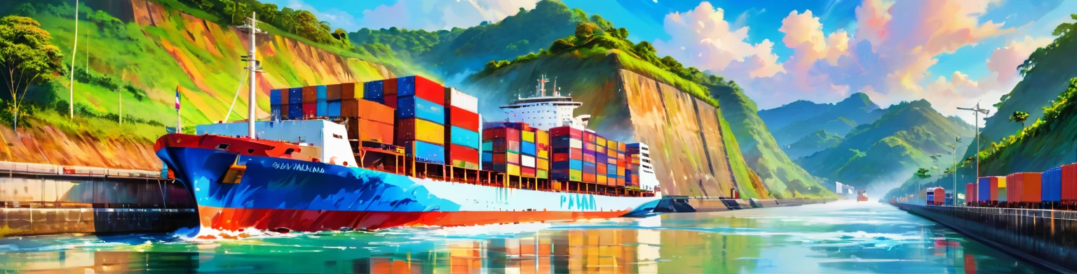 Panama Canal, paint, double exposure, (textura de paint:1.2), (Masterpiece:1.2), Best Quality, (hyperdetailed, more detailed:1.2), high resolution textures, beautiful landscape, Very detailed, very clear, (Panama Canal), vivid colors, HD, multicolor style, barco de buques pasando el Panama Canal