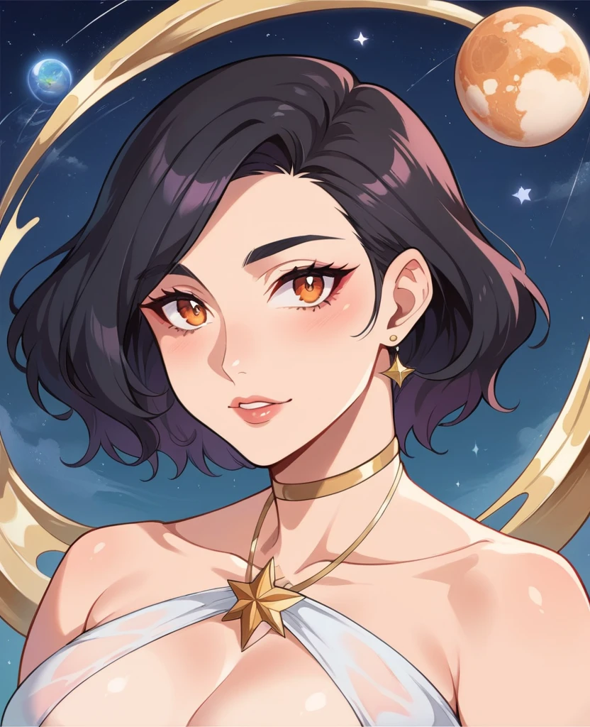Glass Galaxy
Create an image depicting the portrait f a beautiful woman Sasuke + Senna lol de vestido em V sexy rasgada roupas decote front of a universe where stars, planets, and galaxies are made entirely of black Gold, translucent glass, refracting and reflecting light in dynamic patterns.