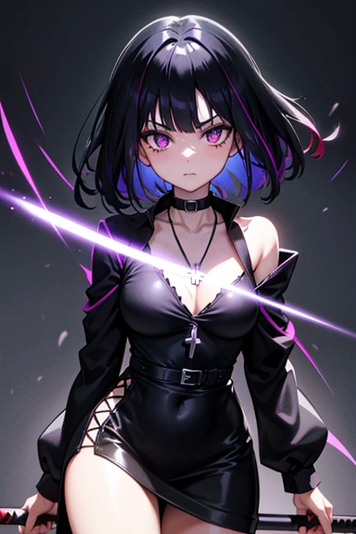 raven in background shadow covered girl, covered in shadows, lack shadows in background Anime girls, carrying katana, anime, short black hair with neon purple highlights, hair is above shoulder height, smooth beautiful, 4k, anime art, pendant on hair, cross t necklace, vivid black dress, battle armor, Deep in the forest there are stone angels all black and dark, anime dark styler,girl walking forward,