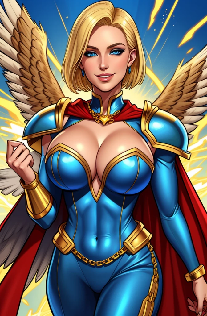 Young female, blonde with short hair, with big, bright blue eyes, wearing a blue costume, defined chest, wearing a golden shoulder pad in the shape of an eagle, with a golden chain running across his chest holding a red cape Smiling with blood splash on face and clothes
