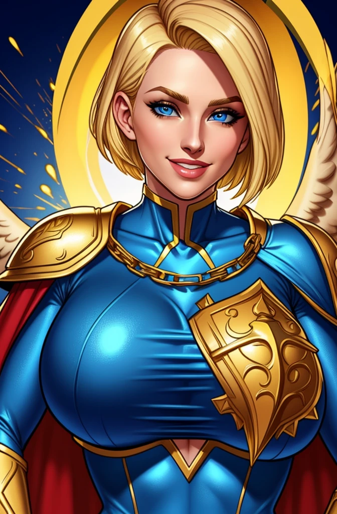 Young female, blonde with short hair, with big, bright blue eyes, wearing a blue costume, defined chest, wearing a golden shoulder pad in the shape of an eagle, with a golden chain running across his chest holding a red cape Smiling with blood splash on face and clothes