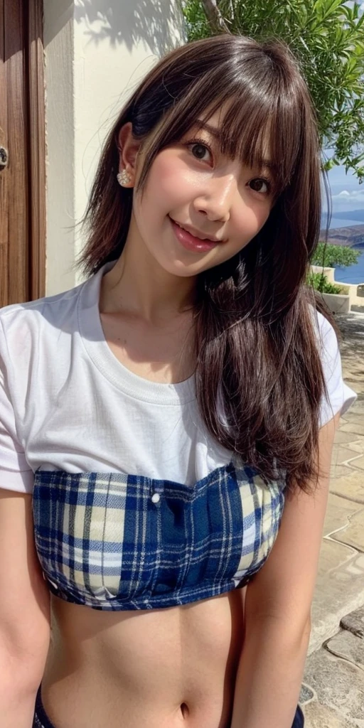 Highest quality, masterpiece, (Realistic:1.2), 1girl, smile, head shot, Backlight, Silhouette Lighting, Shirt lift, Tomboy, Hair on one eye, front, Detailed face, Beautiful Eyes, Oily skin, Sweat a lot, Fitted, bikini, Underbust, Santorini, Greece,Large Breasts