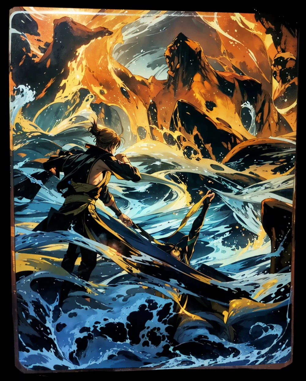 There are two martial arts characters confronting each other in the picture，In the center left of the picture is a hero standing on the sea，In the upper right corner of the picture, there is a long-haired beauty whose profile is in the air.。turbulent weather，terrain changes，The colors are distinct and blended，Clear changes in light and shadow，Silky smooth and delicate watercolor painting