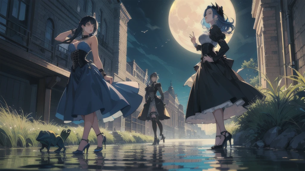 Ultra detailed (drag queen, goth, tan skin, lattin, long blue dress, corset, fashion, long dark blue hair, shallow river, wild, walking, pose, frogs, moon, magic, bottom up view, high heels over the knee)