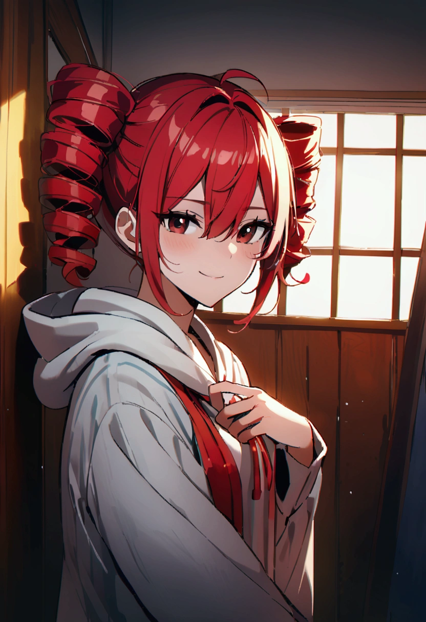 Holding a rag、Red hair、smile、room、hoodie