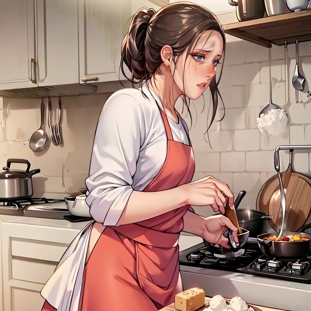 (masterpiece, best quality, detailed:1.3), housemaid in a green apron, brown shirt, (form-fitting skirt:1.2), hair neatly tied in a ponytail, actively cooking, (intricate kitchen setup:1.1), various spices and utensils, warm and soft lighting, tiled backsplash, pots and pans hanging, concentrated look, vibrant and cozy ambiance, high detail, realistic textures.
