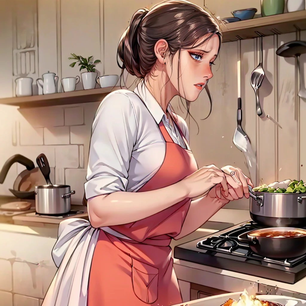 (masterpiece, best quality, detailed:1.3), housemaid in a green apron, brown shirt, (form-fitting skirt:1.2), hair neatly tied in a ponytail, actively cooking, (intricate kitchen setup:1.1), various spices and utensils, warm and soft lighting, tiled backsplash, pots and pans hanging, concentrated look, vibrant and cozy ambiance, high detail, realistic textures.
