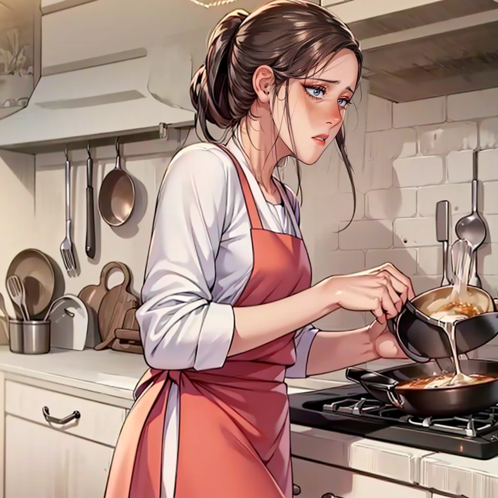 (masterpiece, best quality, detailed:1.3), housemaid in a green apron, brown shirt, (form-fitting skirt:1.2), hair neatly tied in a ponytail, actively cooking, (intricate kitchen setup:1.1), various spices and utensils, warm and soft lighting, tiled backsplash, pots and pans hanging, concentrated look, vibrant and cozy ambiance, high detail, realistic textures.
