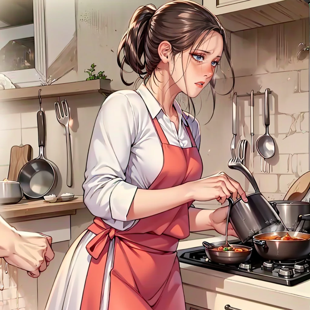 (masterpiece, best quality, detailed:1.3), housemaid in a green apron, brown shirt, (form-fitting skirt:1.2), hair neatly tied in a ponytail, actively cooking, (intricate kitchen setup:1.1), various spices and utensils, warm and soft lighting, tiled backsplash, pots and pans hanging, concentrated look, vibrant and cozy ambiance, high detail, realistic textures.
