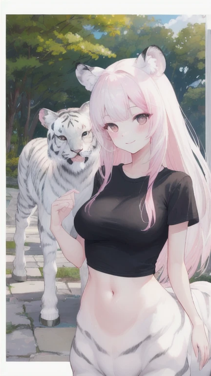 (best quality, masterpiece), 1 girl, centaur, It takes, White skin, Korean ,daughter,black pink,Smiling, exposing the abdomen, belly button t-shirt , 아름다운 소녀 Perfect wild white tiger photo, Perfect wild white tiger photo