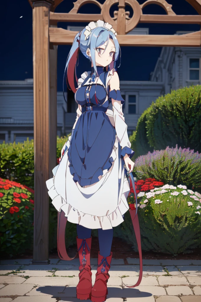 ((split-color hair,red hair,blue hair)),[(garden background:1.4)::5],original,(illustration:1.1),(best quality),(masterpiece:1.1),(extremely detailed CG unity 8k wallpaper:1.1), (colorful:0.9),(mid shot:0.95),(full body:1.5),Dynamic angle,(solo:1.2), (girl),((adult)), (detailed beautiful eyes:1.15), (beautiful face:1.15), (glowing red eyes:1.25////),((medium hair)),((split-color hair,red hair,blue hair)),(high twintails),(chignon),(+perfect hand+:1.21),(Draw an illustration of a gothic girl),(Religious),(slender),(is wearing boots on her feet),((is wearing white maid clothes)),(furious), Lace Off-shoulder ta fashion,beautiful slender woman,high twintails,((split-color hair,red hair,blue hair)),((split-color hair,red hair,blue hair)),from side,((split-color hair,red hair,blue hair)),((split-color hair,red hair,blue hair)),((black long boots)),