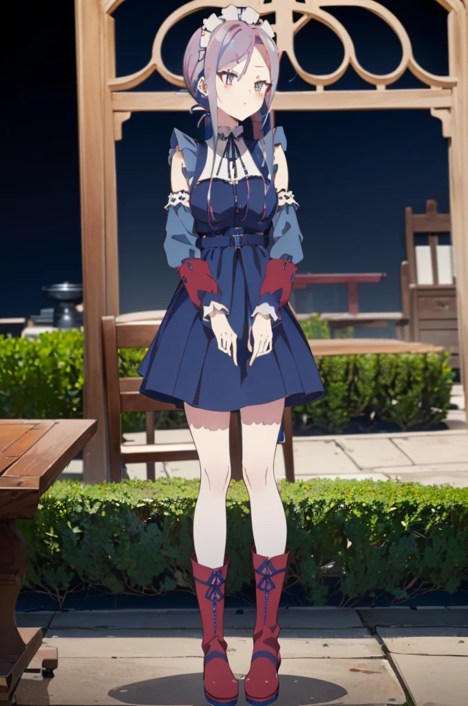 ((split-color hair,red hair,blue hair)),[(garden background:1.4)::5],original,(illustration:1.1),(best quality),(masterpiece:1.1),(extremely detailed CG unity 8k wallpaper:1.1), (colorful:0.9),(mid shot:0.95),(full body:1.5),Dynamic angle,(solo:1.2), (girl),((adult)), (detailed beautiful eyes:1.15), (beautiful face:1.15), (glowing red eyes:1.25////),((medium hair)),((split-color hair,red hair,blue hair)),(high twintails),(chignon),(+perfect hand+:1.21),(Draw an illustration of a gothic girl),(Religious),(slender),(is wearing boots on her feet),((is wearing white maid clothes)),(furious), Lace Off-shoulder lolita fashion,beautiful slender woman,high twintails,((split-color hair,red hair,blue hair)),((split-color hair,red hair,blue hair)),from side,((split-color hair,red hair,blue hair)),((split-color hair,red hair,blue hair)),((black long boots)),