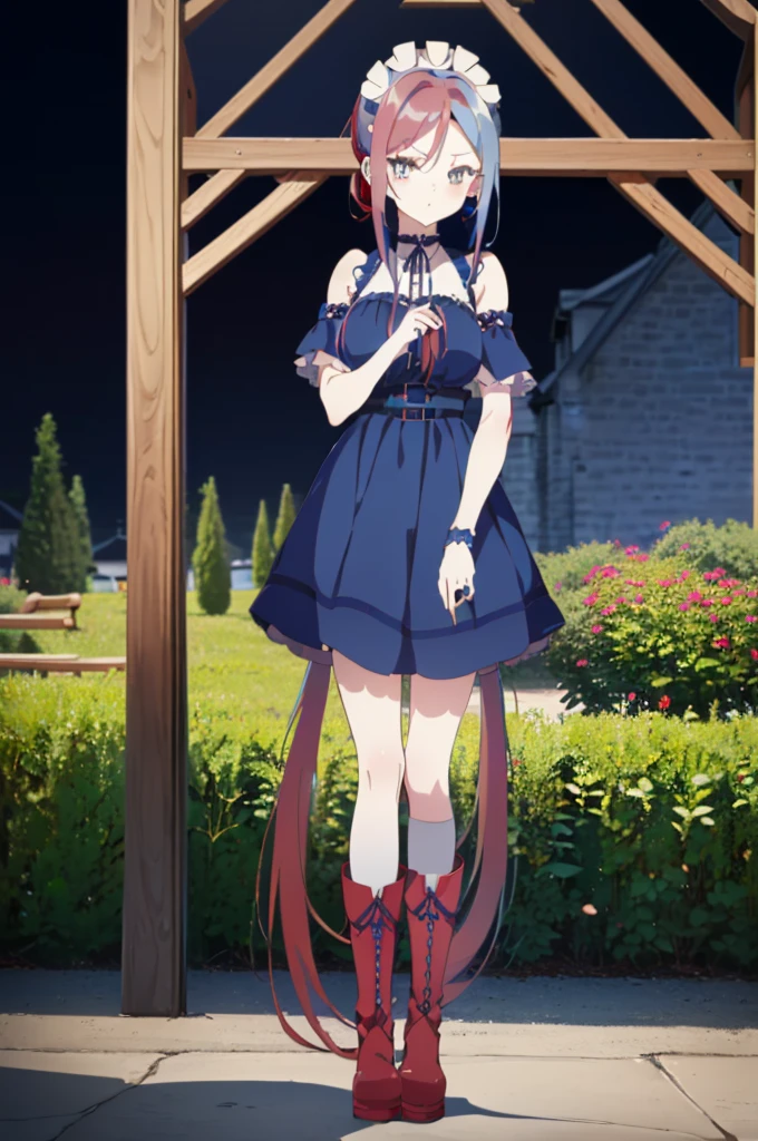 ((split-color hair,red hair,blue hair)),[(garden background:1.4)::5],original,(illustration:1.1),(best quality),(masterpiece:1.1),(extremely detailed CG unity 8k wallpaper:1.1), (colorful:0.9),(mid shot:0.95),(full body:1.5),Dynamic angle,(solo:1.2), (girl),((adult)), (detailed beautiful eyes:1.15), (beautiful face:1.15), (glowing red eyes:1.25////),((medium hair)),((split-color hair,red hair,blue hair)),(high twintails),(chignon),(+perfect hand+:1.21),(Draw an illustration of a gothic girl),(Religious),(slender),(is wearing boots on her feet),((is wearing white maid clothes)),(furious), Lace Off-shoulder lolita fashion,beautiful slender woman,high twintails,((split-color hair,red hair,blue hair)),((split-color hair,red hair,blue hair)),from side,((split-color hair,red hair,blue hair)),((split-color hair,red hair,blue hair)),((black long boots)),