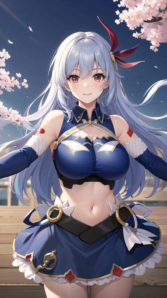 masterpiece, best quality, highres, aaev, long hair, hair ornament, large breasts, cleavage, clothing cutout, blue shirt, sleeveless shirt, detached sleeves, midriff, skirt, blue skirt, cherry blossoms, standing, cowboy shot, outstretched arms, reaching out, smile,