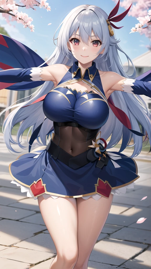 masterpiece, best quality, highres, aaev, long hair, hair ornament, large breasts, cleavage, clothing cutout, blue shirt, sleeveless shirt, detached sleeves, midriff, skirt, blue skirt, cherry blossoms, standing, cowboy shot, outstretched arms, reaching out, smile,