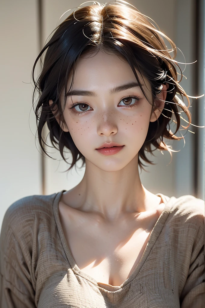 best quality, masterpiece, Ultra-high resolution, (Reality:1.4), RAW photos, insBrowntphoto, Snapshot, Jal, short hair, Zygomatic bone, Brown, freckle, close up, ,