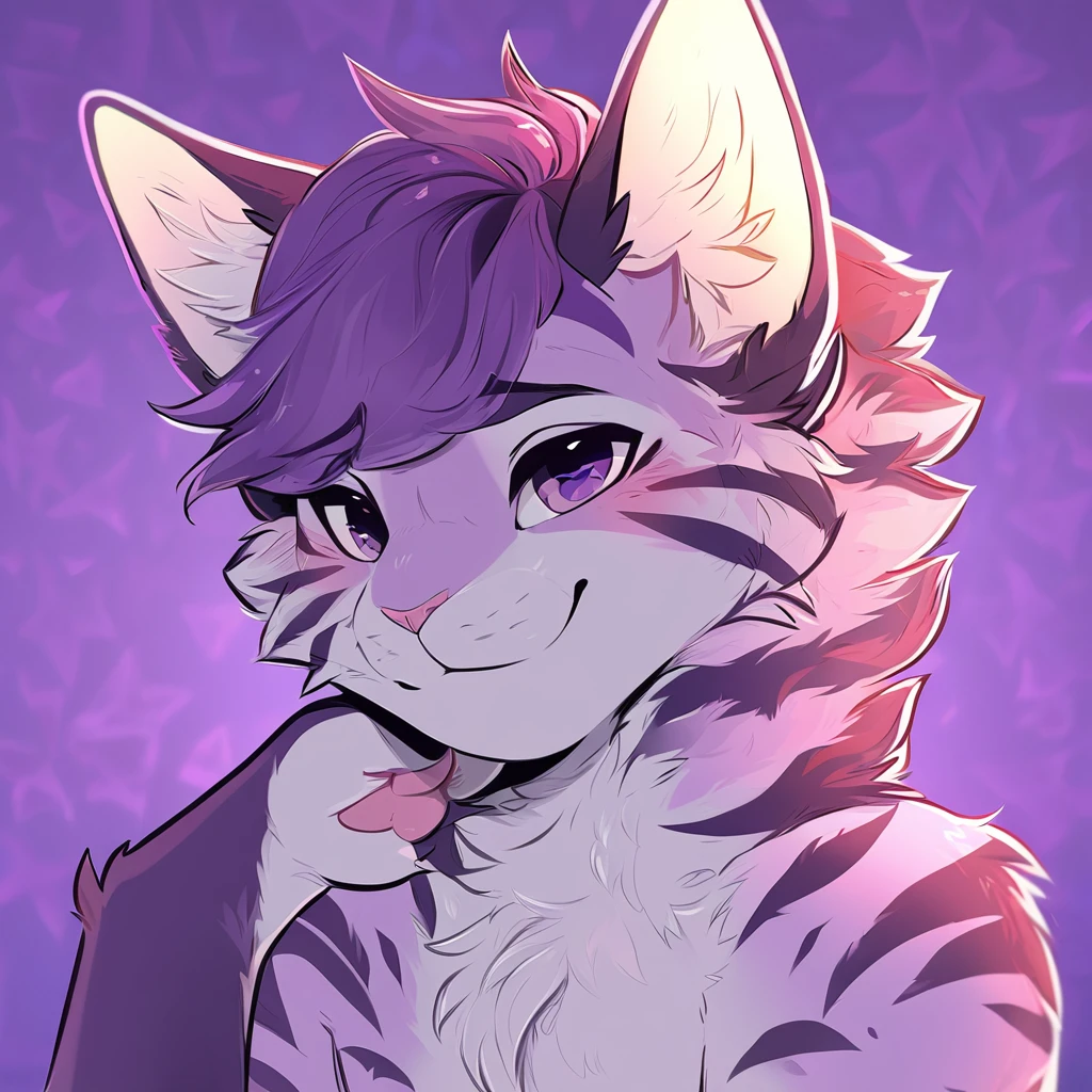 adult, feline, mammal, anthro, anthropomorphic, cat, striped, fur, striped_feline, fur, male, light_purple_fur, purple_hair, fluffy, white_chest, shy, small_pupils, digital_art, high_resolution, high_res, detailed, hand-drawn, pencil_lines, head_visible, background, neck_visible, seductive_face, detailed_line_work, profile_picture, head_visible, neptune_background, purple_background, cute, white, posing, finger_paws, dream_pose, headshot, head_only, small_pupils, seductive_face, tufts, paws, chest, glossy_fur, vibrant_colors, expressive_eyes, elegant_pose, high_quality

