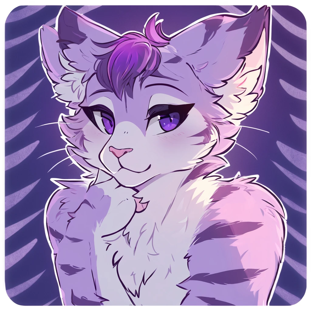 adult, feline, mammal, anthro, anthropomorphic, cat, striped, fur, striped_feline, fur, male, light_purple_fur, purple_hair, fluffy, white_chest, shy, small_pupils, digital_art, high_resolution, high_res, detailed, hand-drawn, pencil_lines, head_visible, background, neck_visible, seductive_face, detailed_line_work, profile_picture, head_visible, neptune_background, purple_background, cute, white, posing, finger_paws, dream_pose, headshot, head_only, small_pupils, seductive_face, tufts, paws, chest, glossy_fur, vibrant_colors, expressive_eyes, elegant_pose, high_quality