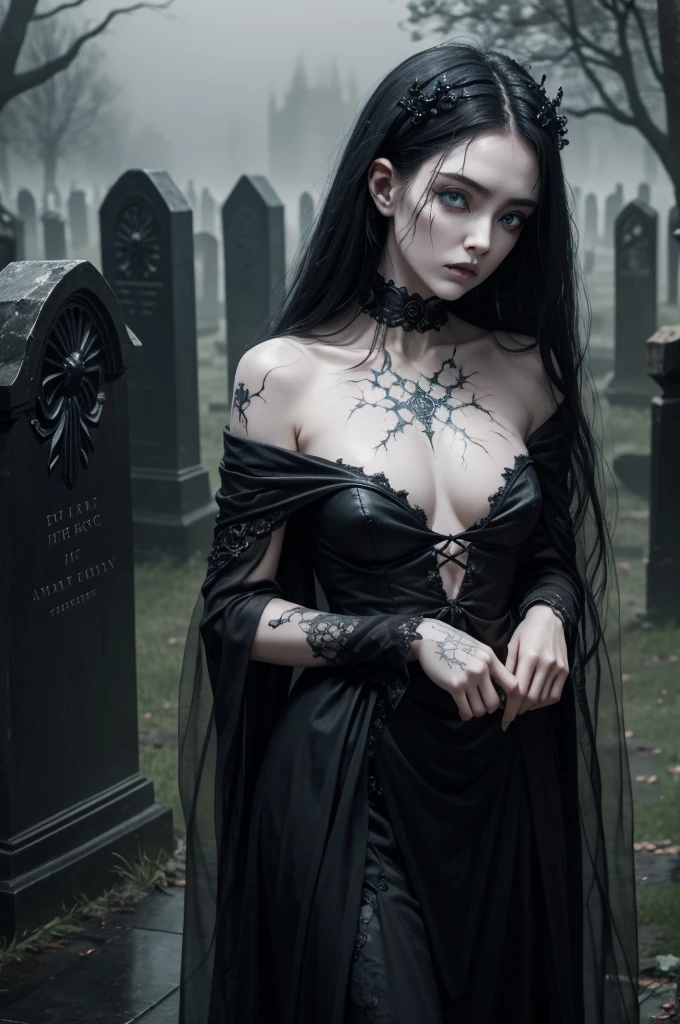 A hauntingly beautiful gothic figure emerges from the gloom, a broken doll of a woman with a cascade of black hair and piercing blue eyes. Scars mar her delicate features, and intricate tattoos adorn her pale skin. Clad in somber gothic attire, she stands amidst the rain-soaked gravestones, a vision of eerie elegance. This high-quality image, perhaps a painting or photograph, captures the melancholic beauty of a mysterious and enigmatic character, drawing viewers into her captivating presence. visible bloddy scar on the face, thunder in the sky, body halve shatterd porcelan, the other halve is of flesh and blood giving her a creepy allure