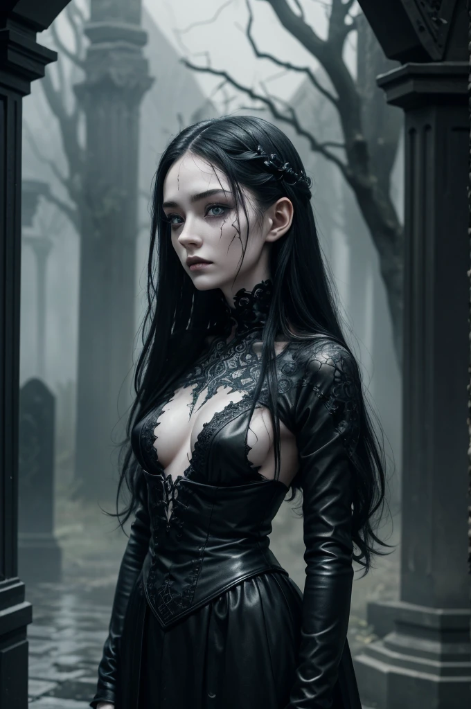 A hauntingly beautiful gothic figure emerges from the gloom, a broken doll of a woman with a cascade of black hair and piercing blue eyes. Scars mar her delicate features, and intricate tattoos adorn her pale skin. Clad in somber gothic attire, she stands amidst the rain-soaked gravestones, a vision of eerie elegance. This high-quality image, perhaps a painting or photograph, captures the melancholic beauty of a mysterious and enigmatic character, drawing viewers into her captivating presence. visible bloddy scar on the face, thunder in the sky, body halve shatterd porcelan, the other halve is of flesh and blood giving her a creepy allure