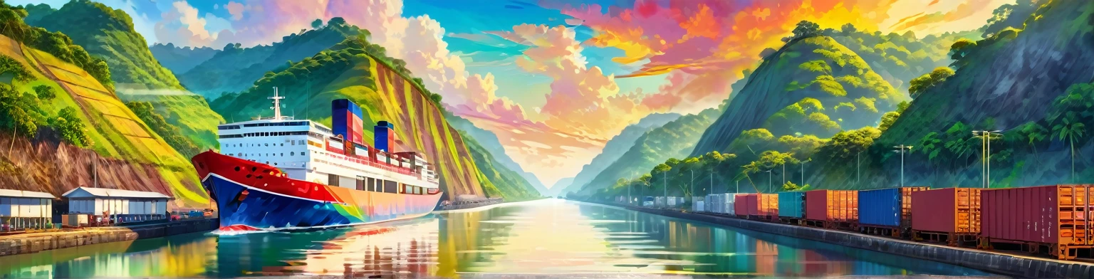 Panama Canal, paint, double exposure, (textura de paint:1.2), (Masterpiece:1.2), Best Quality, (hyperdetailed, more detailed:1.2), high resolution textures, beautiful landscape, Very detailed, very clear, (Panama Canal), vivid colors, HD, multicolor style, precioso barco de buques pasando el Panama Canal