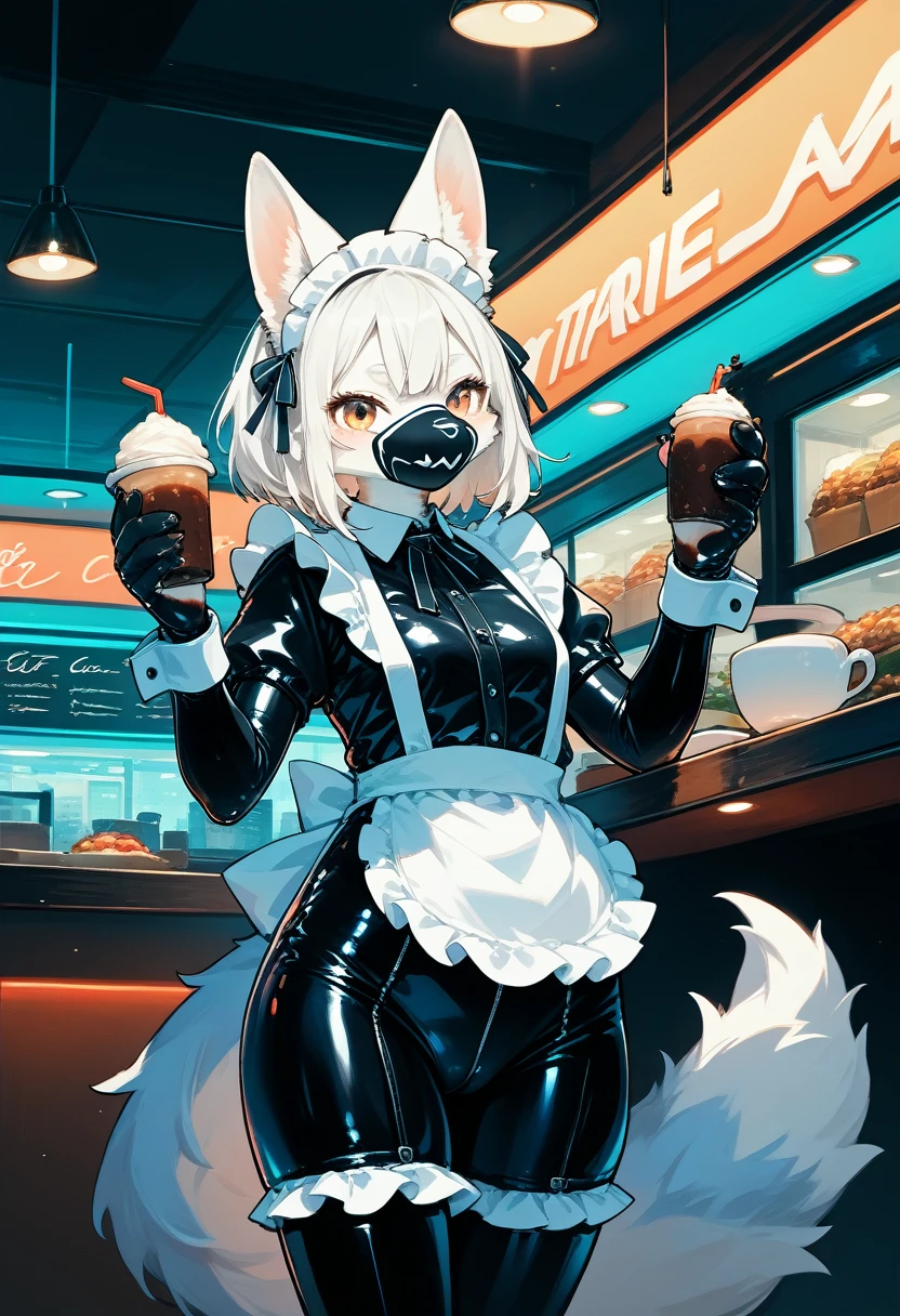 Highest quality, Highest quality, High quality illustrations, masterpiece, Ultra-high resolution, Detailed Background, Cafe, Absurd, Perfect Anatomy, performance, Good lighting, Shadows in the movies(kemono, Furry Personifi猫ion), Blueskin, Rubber suit, Rubber suit, latex, neon, neonライト, neonカラー, Rubber maid outfit, ribbon, Rubber mask