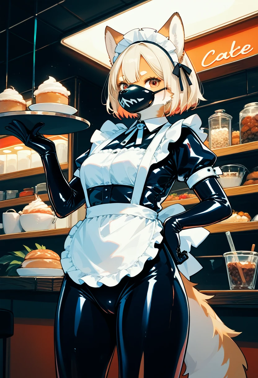 Highest quality, Highest quality, High quality illustrations, masterpiece, Ultra-high resolution, Detailed Background, Cafe, Absurd, Perfect Anatomy, performance, Good lighting, Shadows in the movies(kemono, Furry Personifi猫ion), Blueskin, Rubber suit, Rubber suit, latex, neon, neonライト, neonカラー, Rubber maid outfit, ribbon, Rubber mask